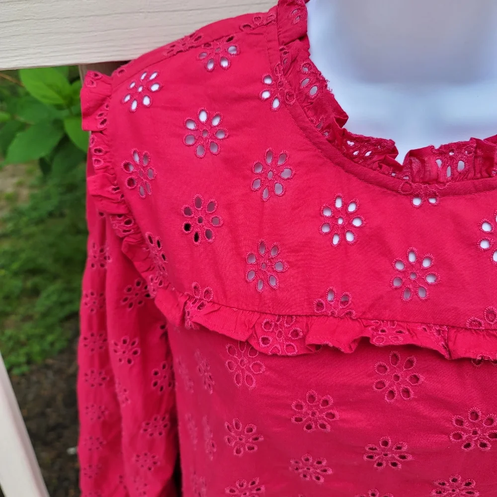 New! J.Crew sz Large L Ruffleneck Eyelet-Yoke Top in Berry Red NWT